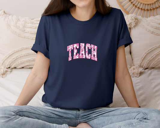 Teach Chinoiserie Floral Teacher Pink Graphic T-Shirt