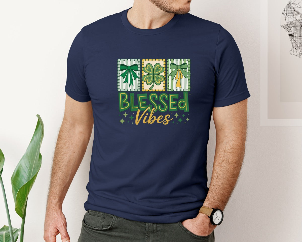 brand:Bella Canvas|color:Navy|St Patricks Day Blessed Vibes 7 Graphic T-Shirt