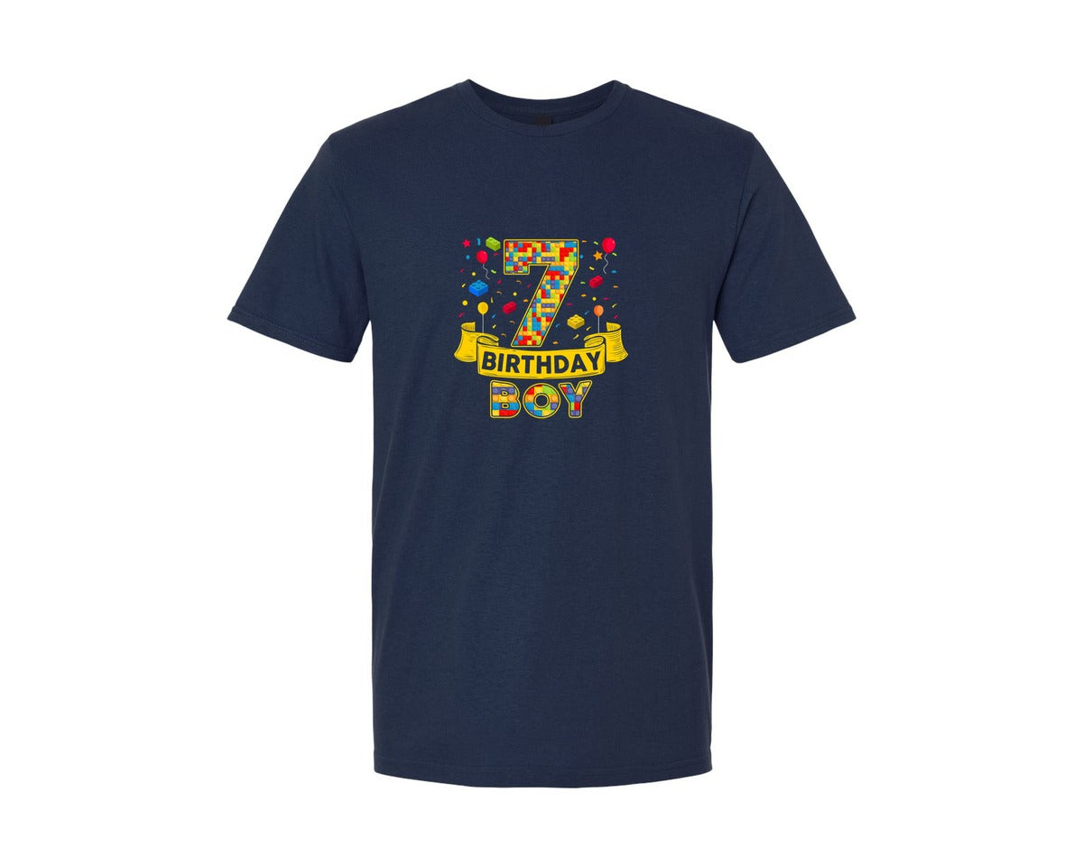 brand:Generic|color:Navy|7Th Birthday Boy Building Blocks Design Graphic T-Shirt