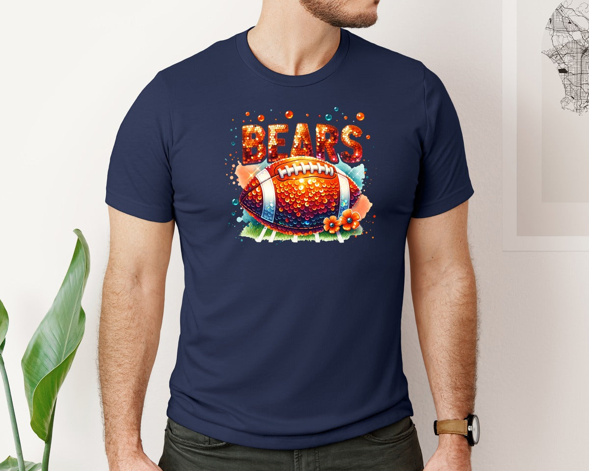 brand:Bella Canvas|color:Navy|Bears Orange Sequin Football Mascot Graphic T-Shirt