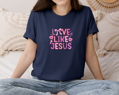 brand:Bella Canvas|color:Navy|Love Like Jesus Coquette Valentine Graphic T-Shirt