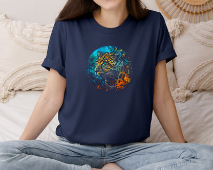 brand:Bella Canvas|color:Navy|Vibrant Halftoned Leopard Design Graphic T-Shirt