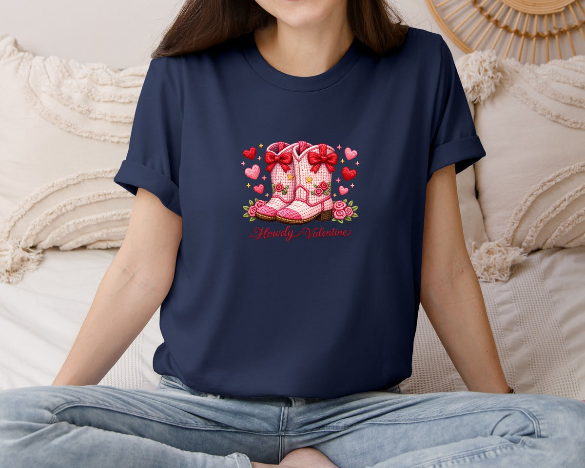 brand:Bella Canvas|color:Navy|Latch Hook Yarn Howdy Valentine Day 2 Graphic T-Shirt