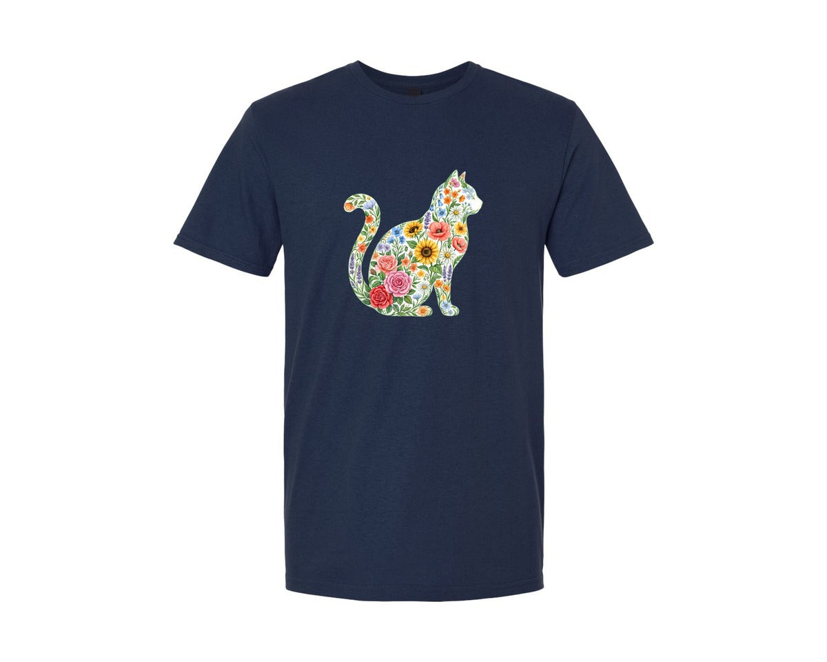 brand:Generic|color:Navy|Floral Cat Silhouette Illustration Graphic T-Shirt