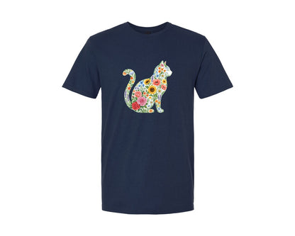 brand:Generic|color:Navy|Floral Cat Silhouette Illustration Graphic T-Shirt