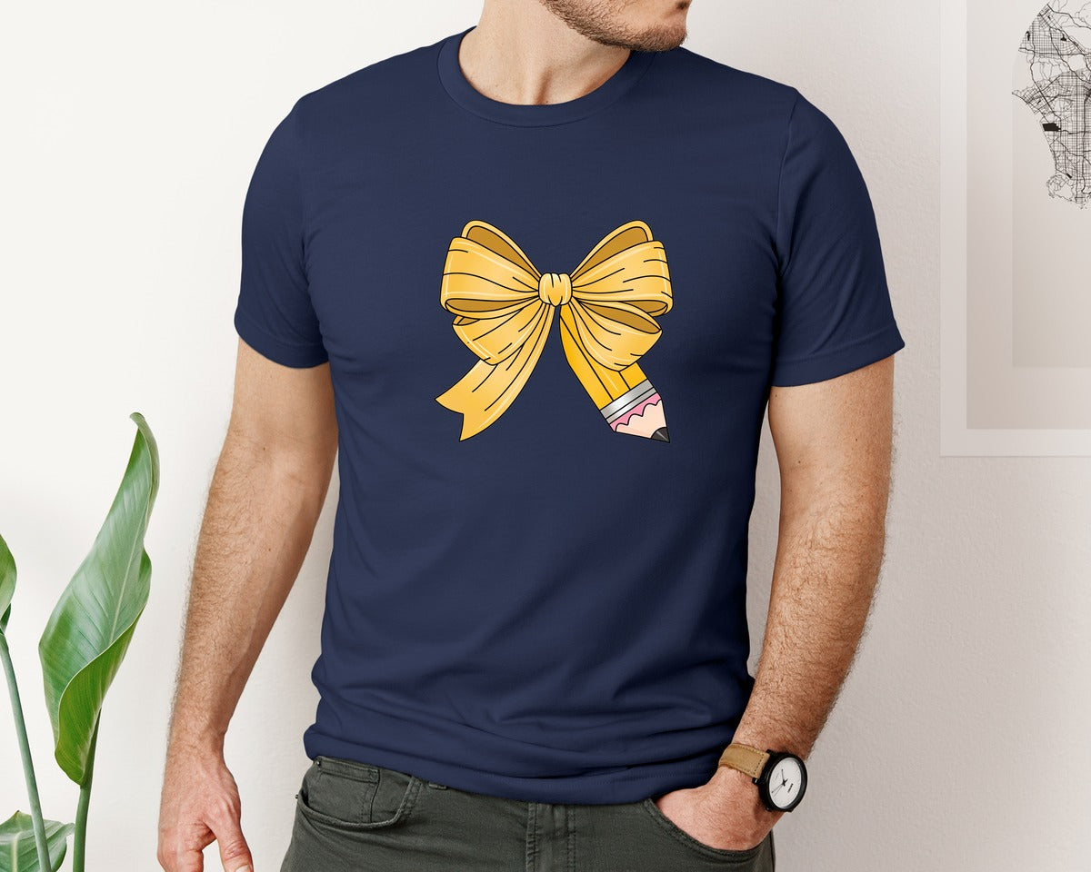 brand:Bella Canvas|color:Navy|Pencil Coquette Bow Teacher 3 Graphic T-Shirt