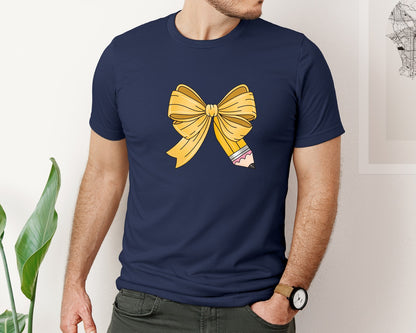 brand:Bella Canvas|color:Navy|Pencil Coquette Bow Teacher 3 Graphic T-Shirt