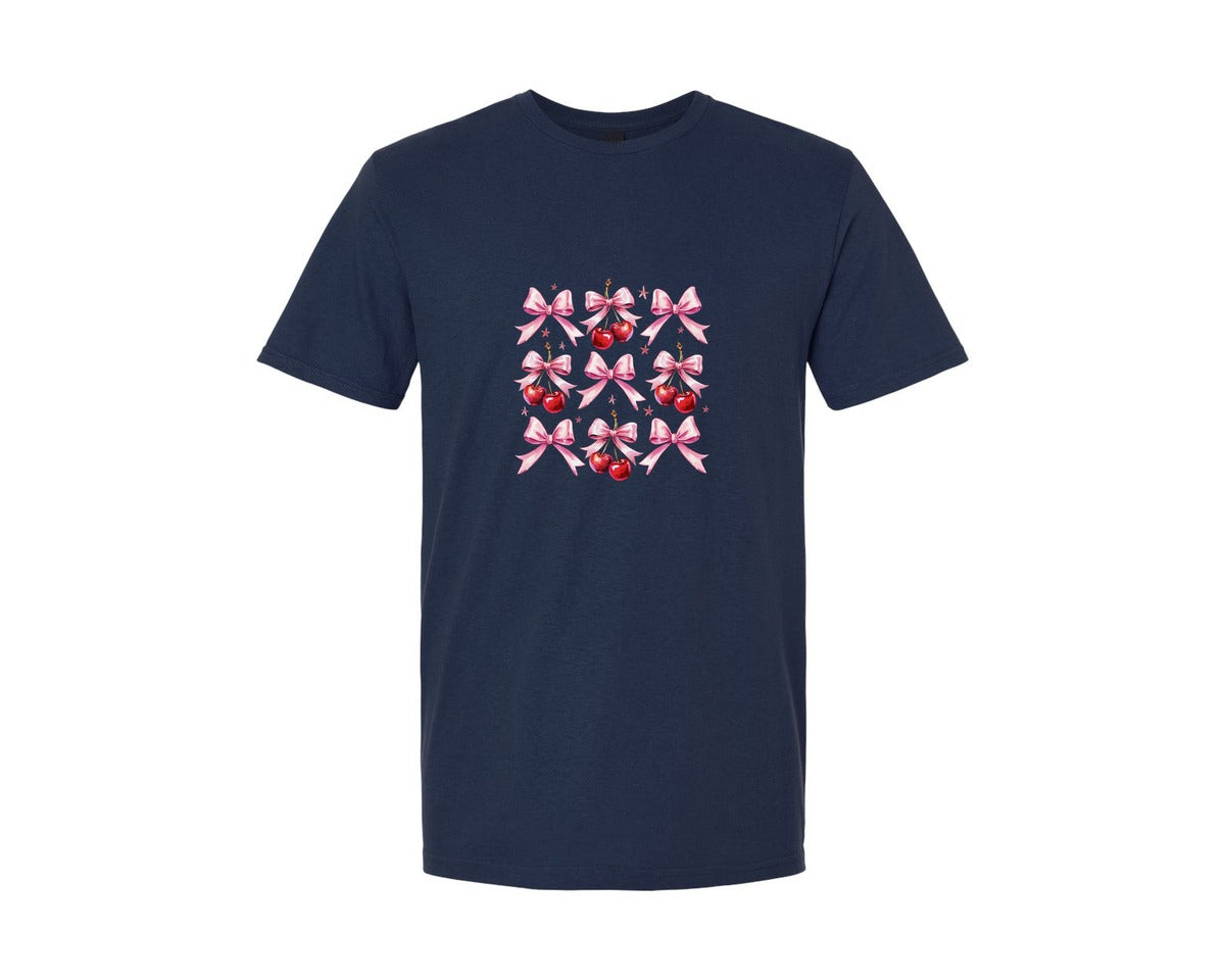 brand:Generic|color:Navy|Pink Bow Cherry Pattern Valentine Graphic T-Shirt