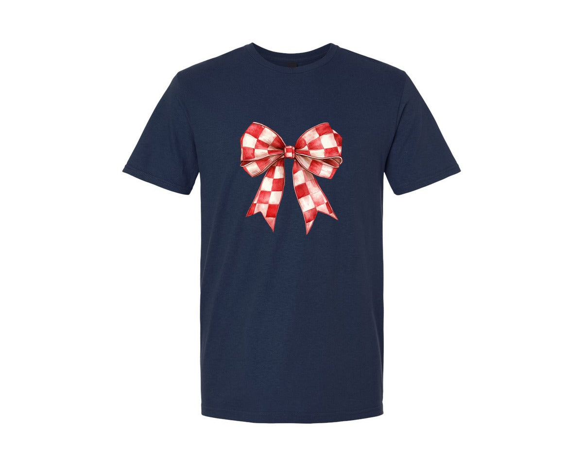 brand:Generic|color:Navy|Christmas Checkered Bow Graphic T-Shirt