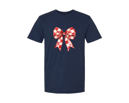 brand:Generic|color:Navy|Christmas Checkered Bow Graphic T-Shirt
