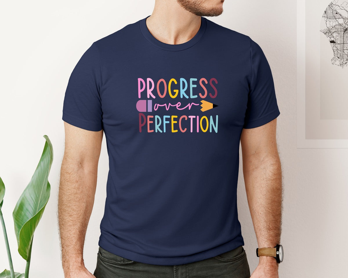 brand:Bella Canvas|color:Navy|Progress Over Perfection Teacher 2 Graphic T-Shirt
