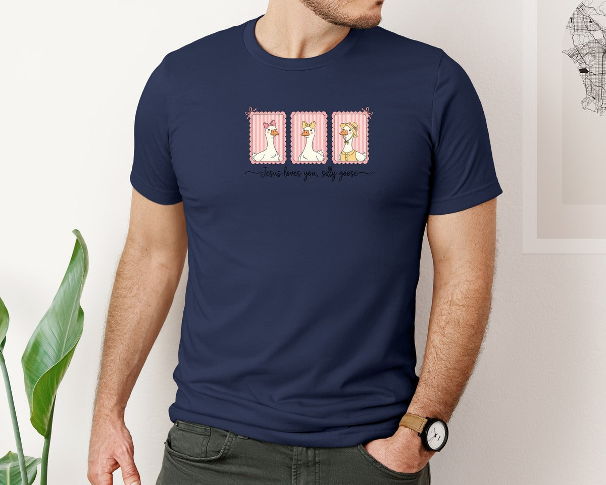 brand:Bella Canvas|color:Navy|Jesus Loves You Silly Goose Graphic T-Shirt