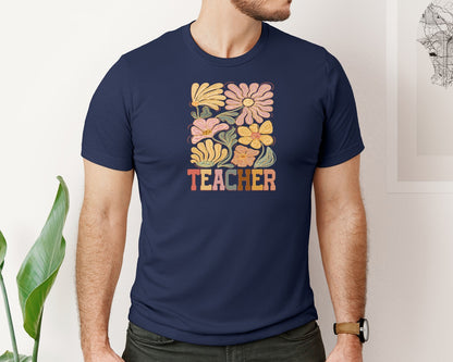 brand:Bella Canvas|color:Navy|Wildflower Teacher Floral Teacher Graphic T-Shirt
