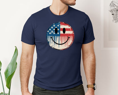brand:Bella Canvas|color:Navy|Vintage American Flag Smiley Face Graphic T-Shirt
