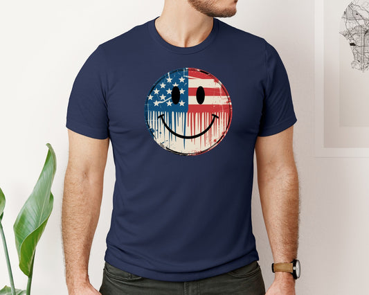 Vintage American Flag Smiley Face Graphic T-Shirt