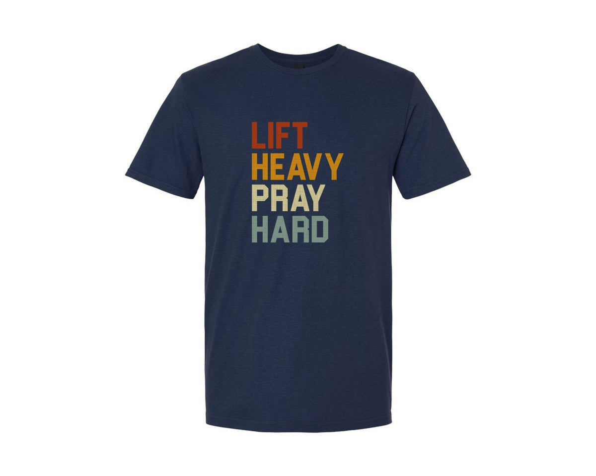 brand:Generic|color:Navy|Lift Heavy Pray Hard Christian Workout Graphic T-Shirt
