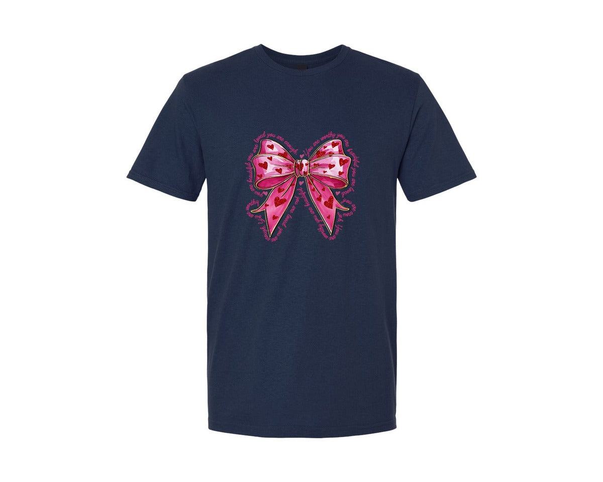 brand:Generic|color:Navy|Pink Valentine Bow You Are Loved Graphic T-Shirt
