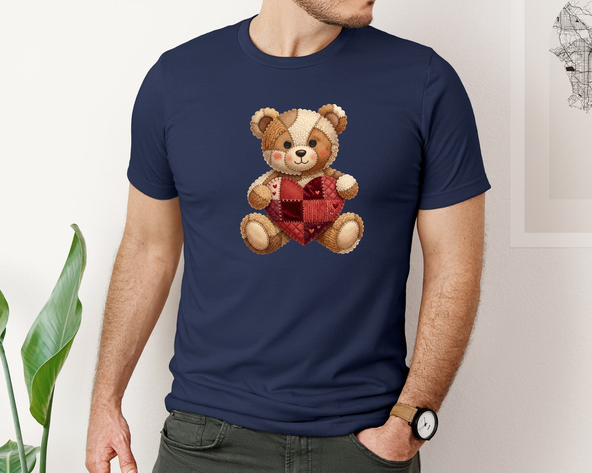 brand:Bella Canvas|color:Navy|Patchwork Teddy Bear Holding Heart Graphic T-Shirt