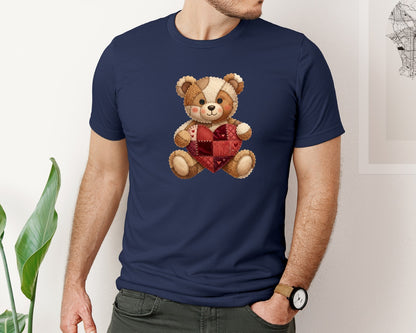 brand:Bella Canvas|color:Navy|Patchwork Teddy Bear Holding Heart Graphic T-Shirt