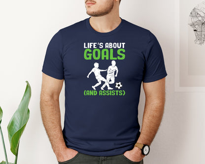brand:Bella Canvas|color:Navy|Lifes About Goals Soccer T Shirt Graphic T-Shirt