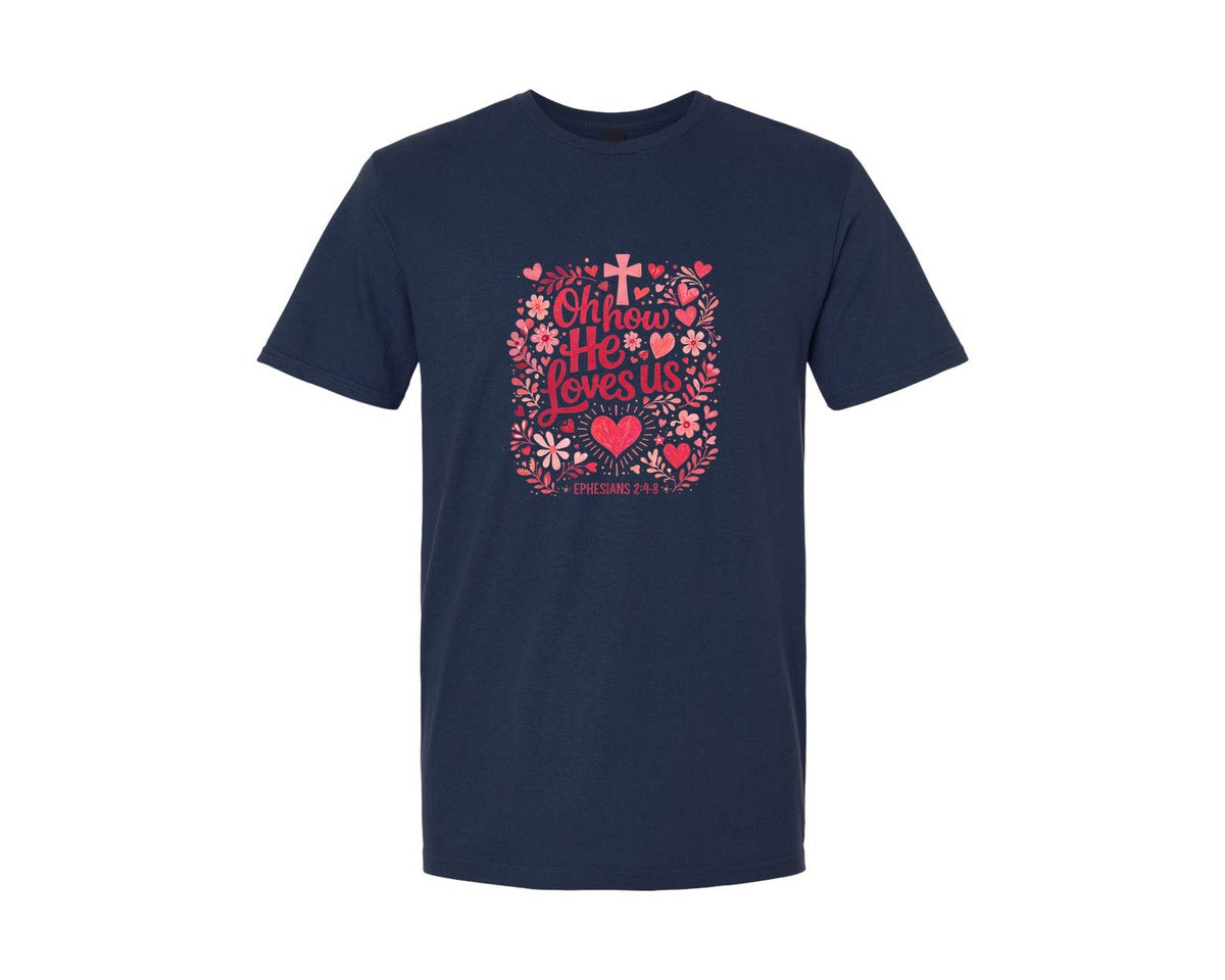 brand:Generic|color:Navy|Oh How He Loves Us Glitter Valentin Graphic T-Shirt
