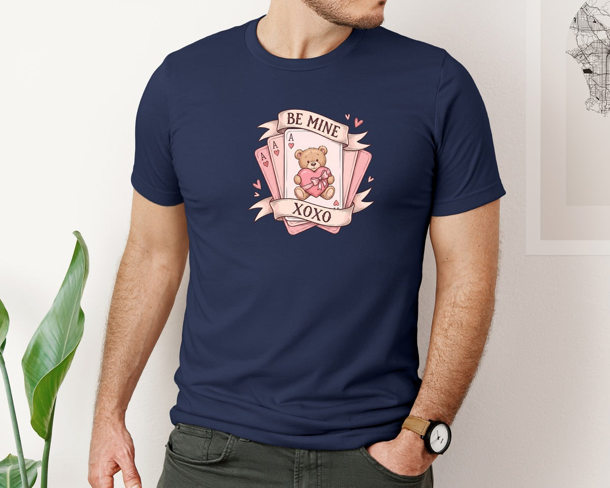 brand:Bella Canvas|color:Navy|Valentine Teddy Bear With Be Mine Graphic T-Shirt