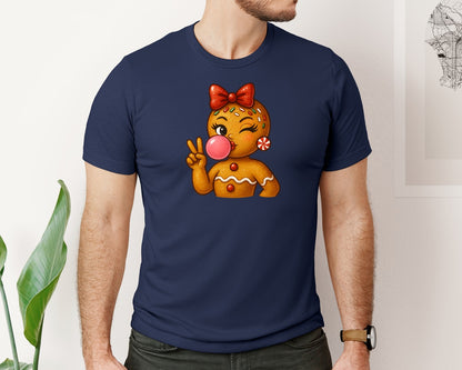 brand:Bella Canvas|color:Navy|Gingerbread Girl Blowing Bubble Gum Graphic T-Shirt