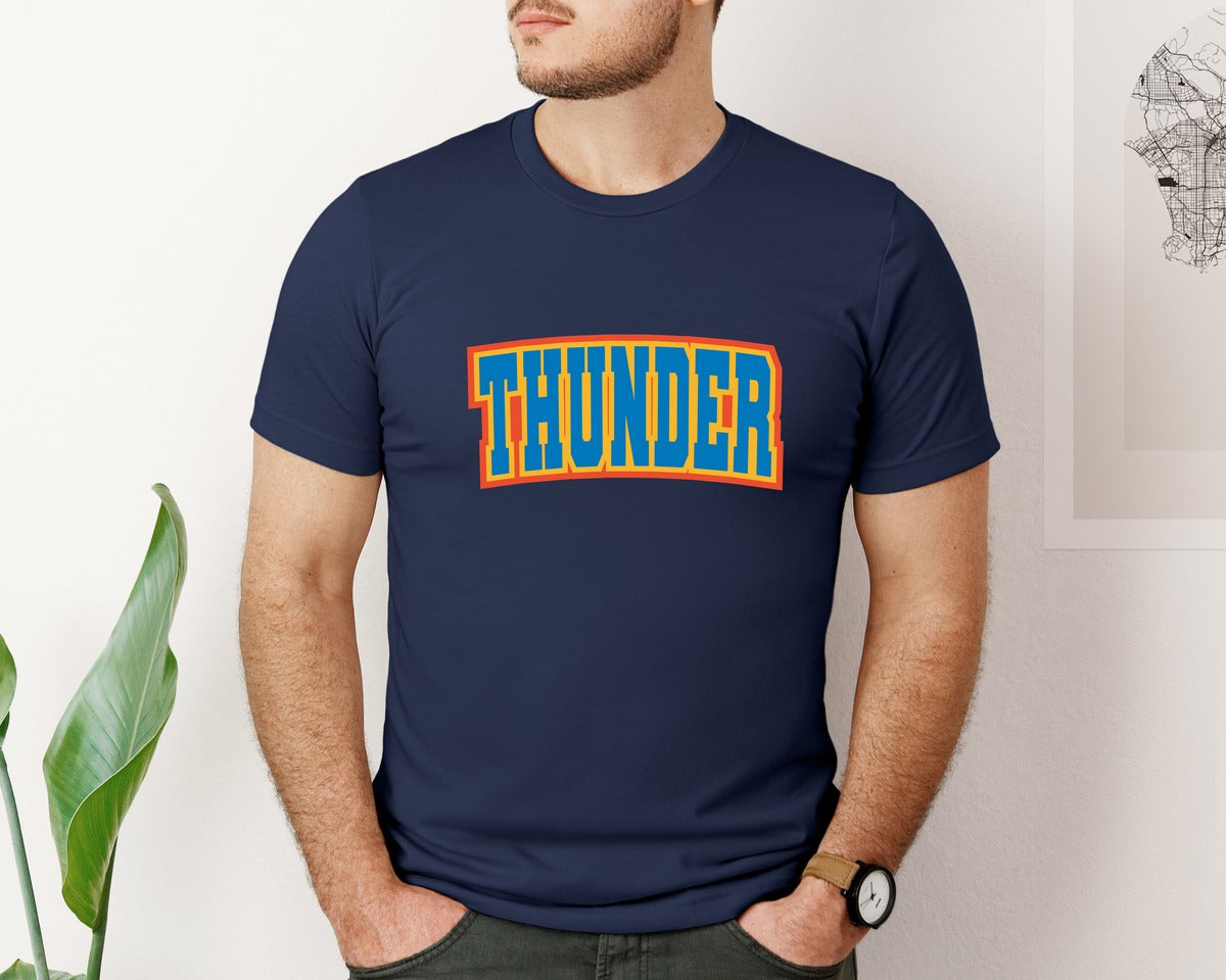 brand:Bella Canvas|color:Navy|Thunder Varsity Curved Blue Orange Yello Graphic T-Shirt