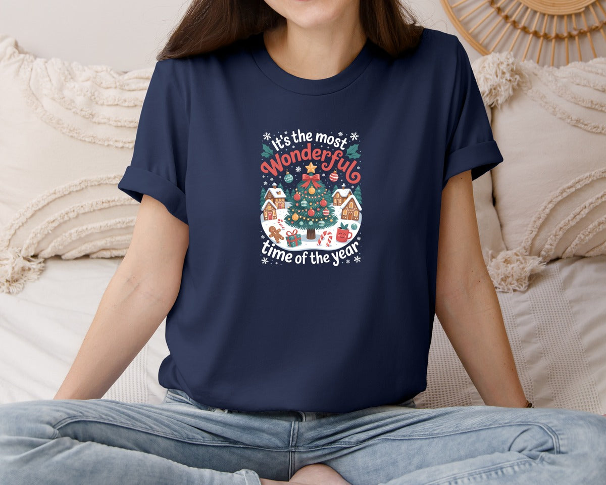 brand:Bella Canvas|color:Navy|Whimsical Christmas Village Graphic T-Shirt
