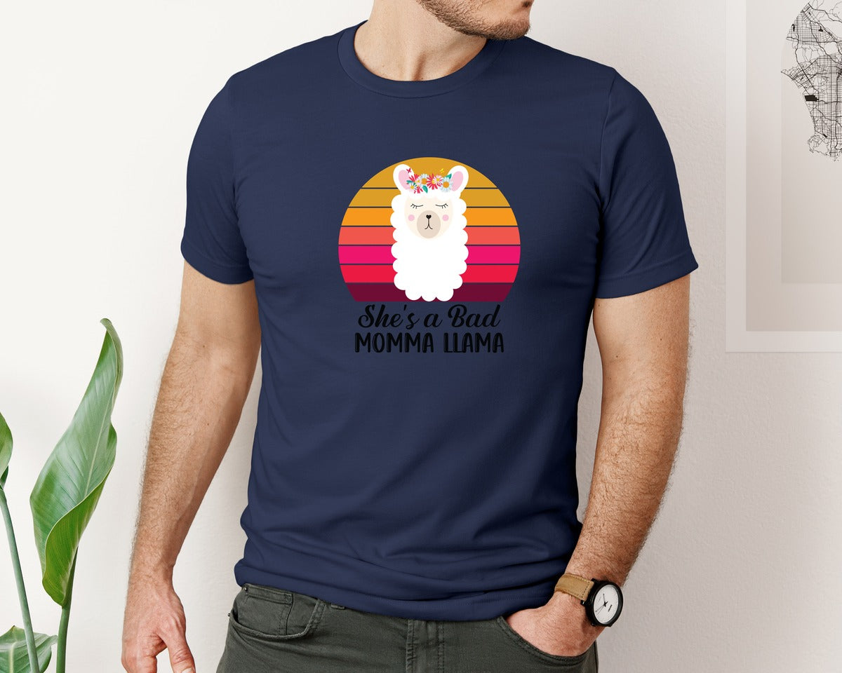 brand:Bella Canvas|color:Navy|Shes A Bad Momma Llama Retro T Shirt Graphic T-Shirt