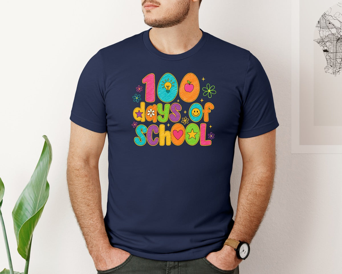brand:Bella Canvas|color:Navy|Colorful Teacher 100 Days Of School Graphic T-Shirt