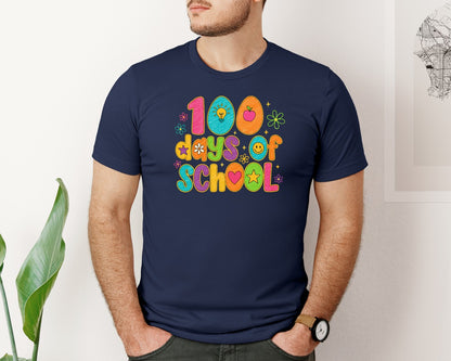 brand:Bella Canvas|color:Navy|Colorful Teacher 100 Days Of School Graphic T-Shirt