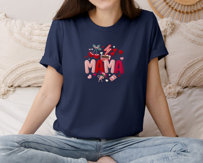 brand:Bella Canvas|color:Navy|Cherry Faux Yarn Mama Lover Heart Shirt Graphic T-Shirt