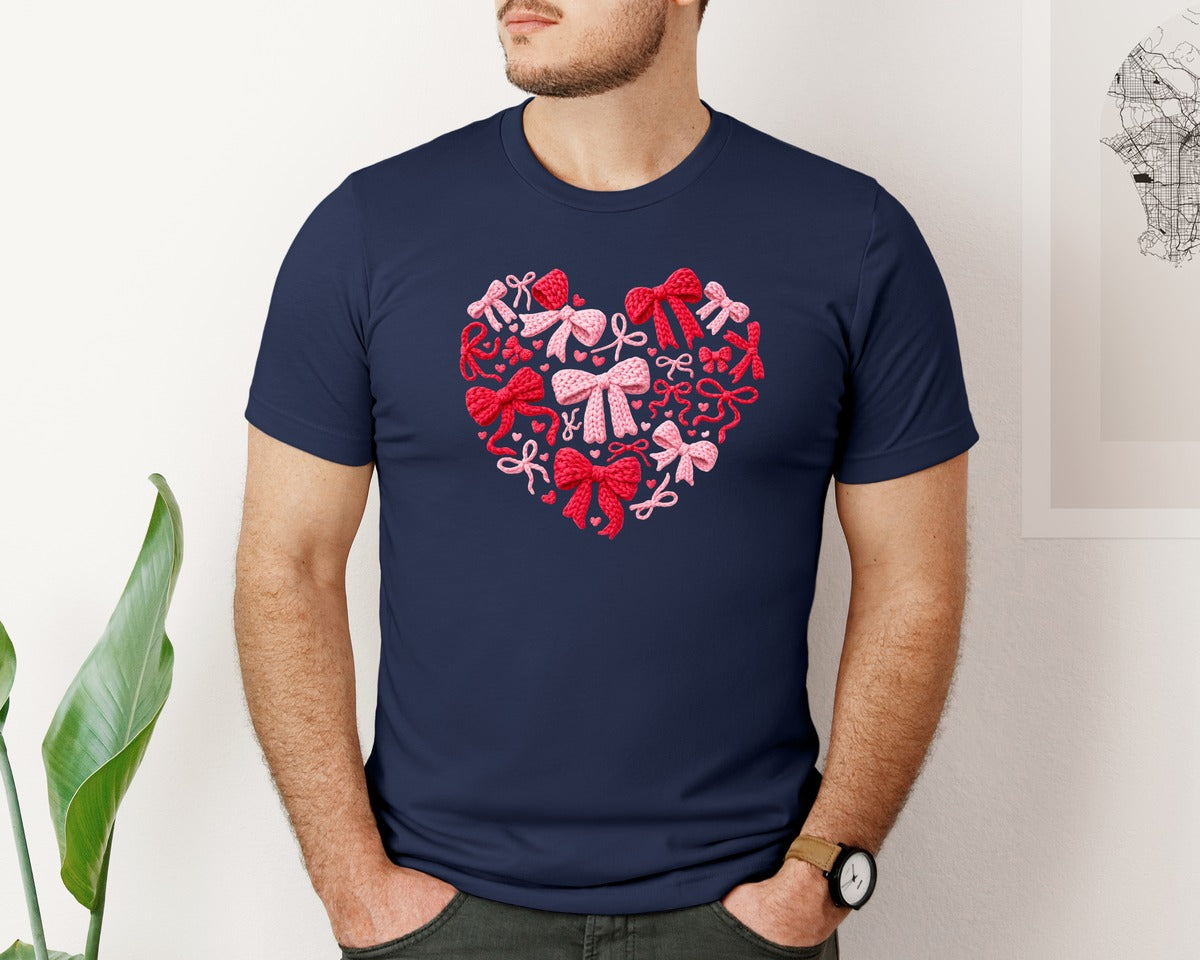 brand:Bella Canvas|color:Navy|Crochet Bow Valentine Heart Graphic T-Shirt
