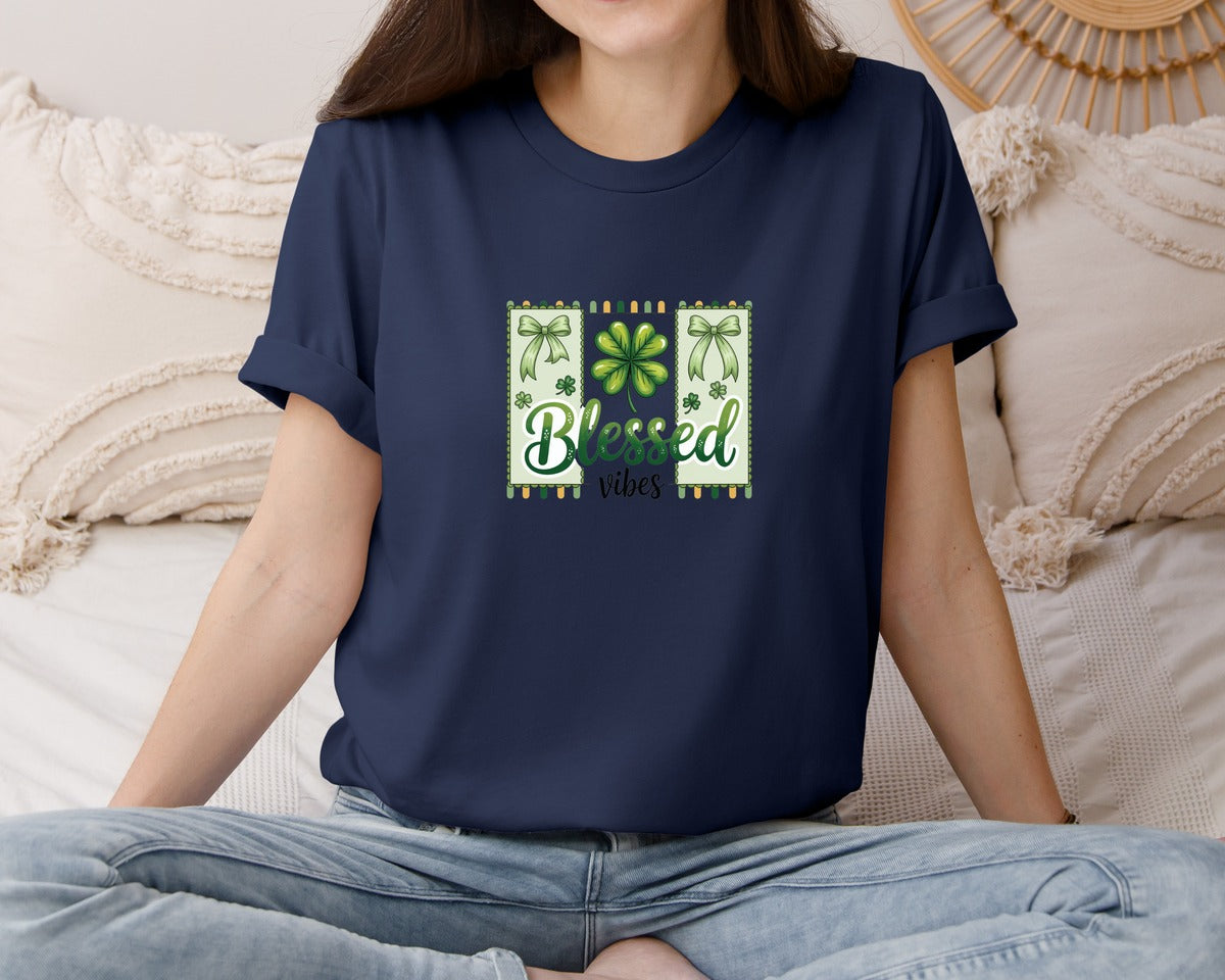 brand:Bella Canvas|color:Navy|St Patricks Day Blessed Vibes 5 Graphic T-Shirt