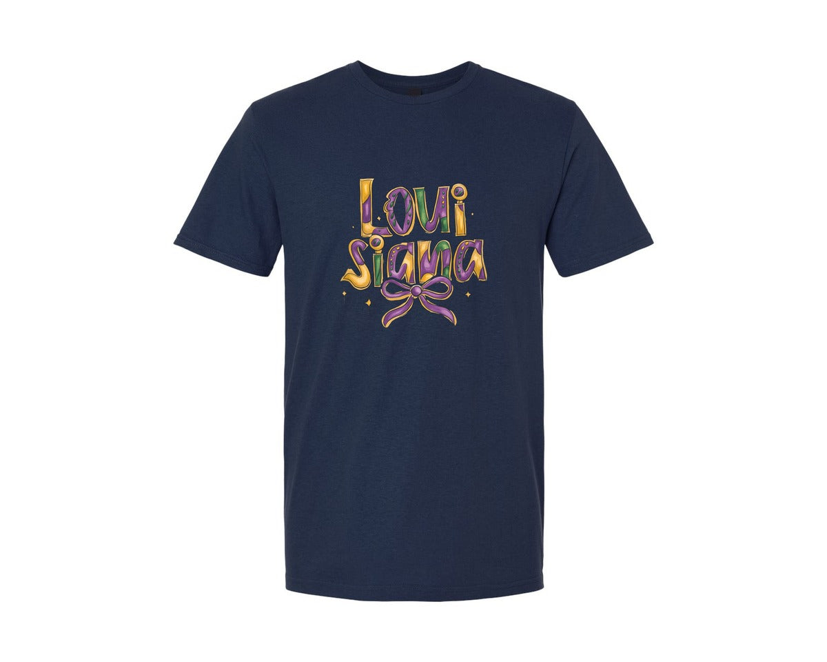 brand:Generic|color:Navy|Louisiana Coquette Bow Mardi Gras Graphic T-Shirt