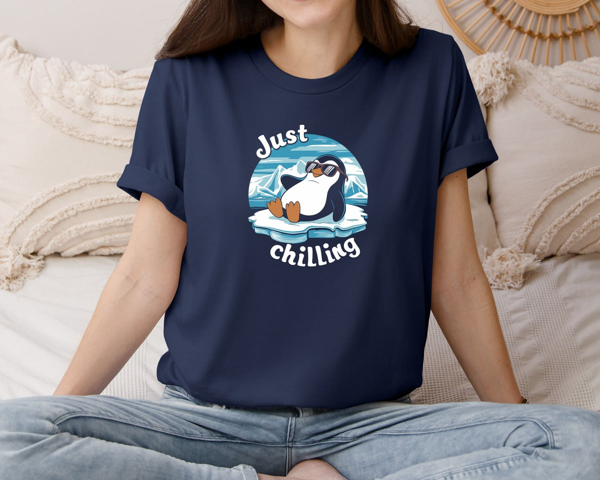 brand:Bella Canvas|color:Navy|Just Chilling Penguin Pun Relaxed Vibes Graphic T-Shirt