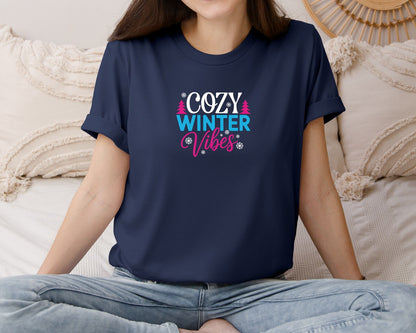 brand:Bella Canvas|color:Navy|Cozy Winter Vibes Colorful Snowflake Graphic T-Shirt