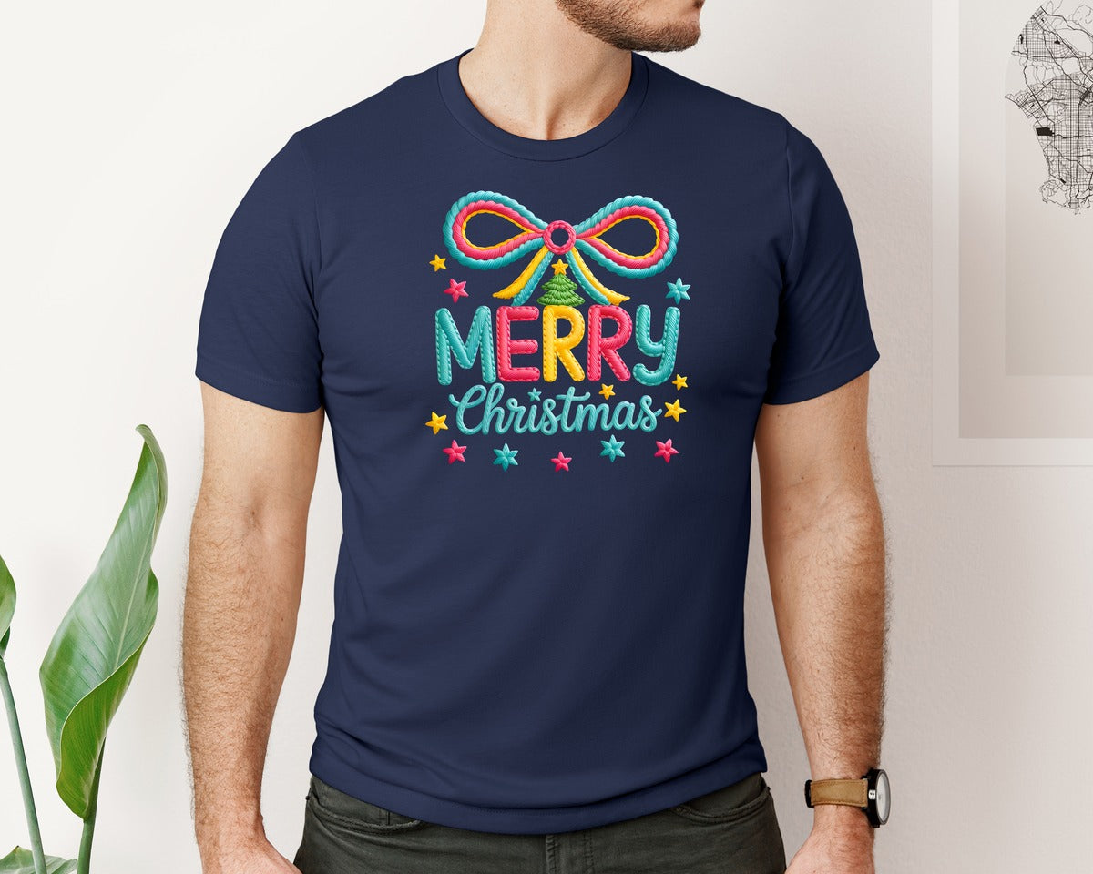 brand:Bella Canvas|color:Navy|Yarn Faux Embroidery Merry Christmas Graphic T-Shirt