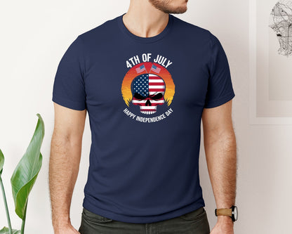 brand:Bella Canvas|color:Navy|4Th Of July American Skull Sunset Indepe Graphic T-Shirt
