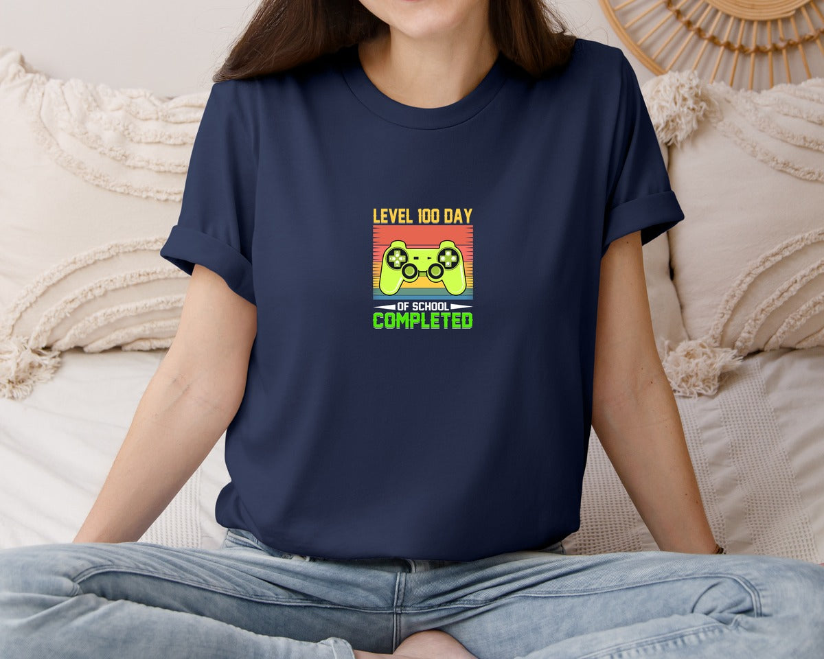 brand:Bella Canvas|color:Navy|Level 100 Day Of School Completed Graphic T-Shirt