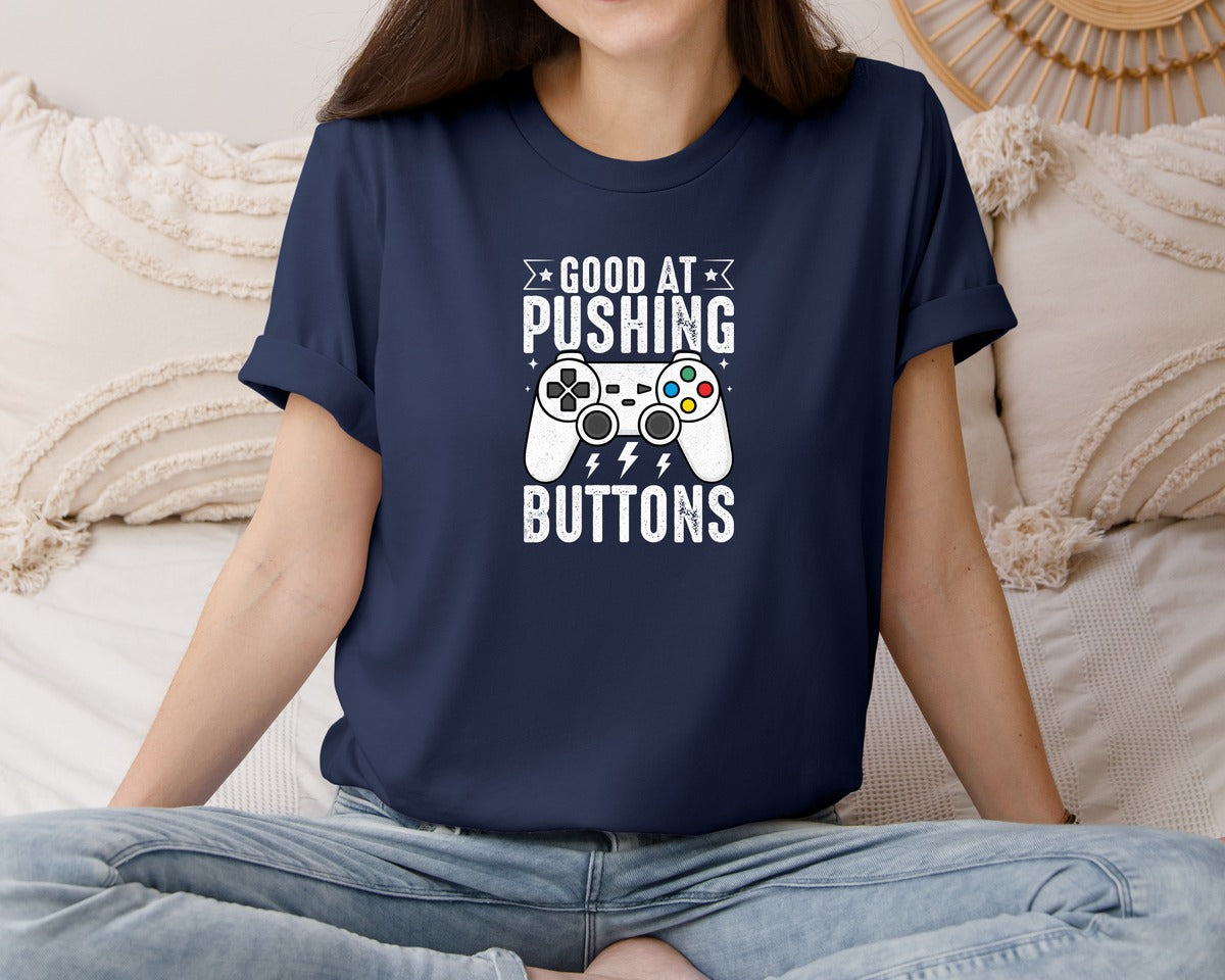 brand:Bella Canvas|color:Navy|Pushing Buttons Gamer Funny T Shirt Graphic T-Shirt