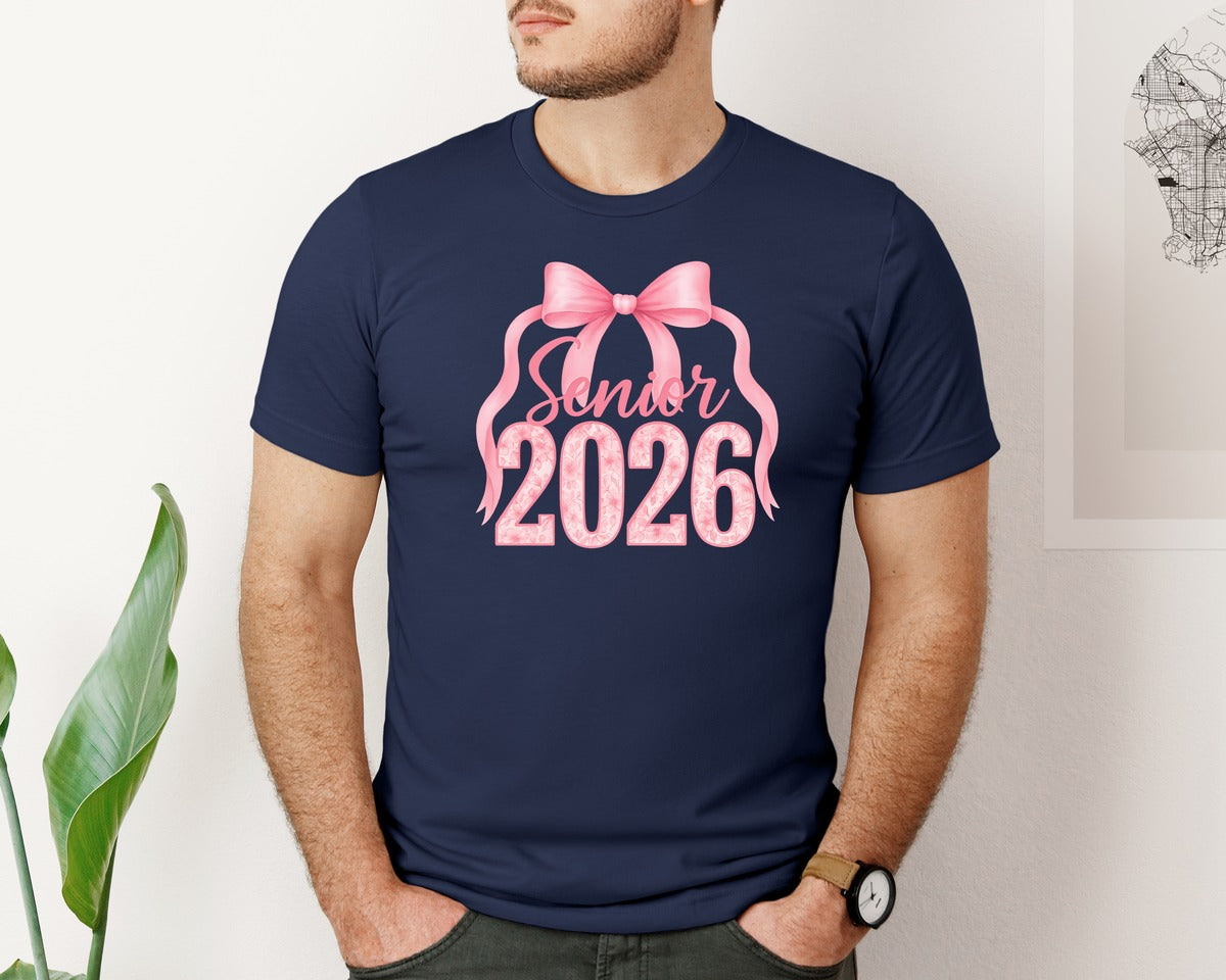 brand:Bella Canvas|color:Navy|Senior 2026 Pink Bow Coquette Graphic T-Shirt
