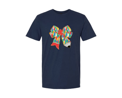 brand:Generic|color:Navy|Brushstroke Autism Pencil Bow Graphic T-Shirt