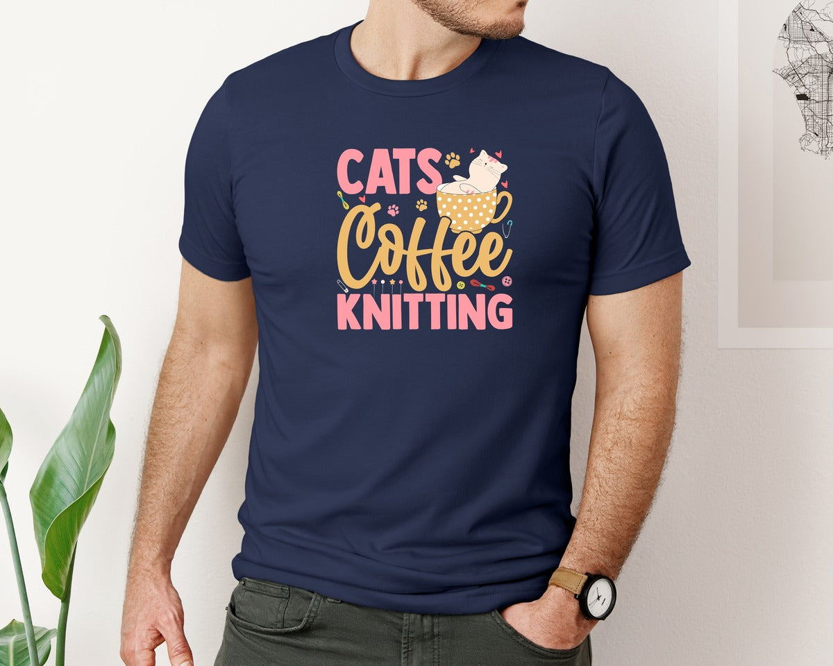 brand:Bella Canvas|color:Navy|Cute Cats Coffee Knitting T Shirt Design Graphic T-Shirt