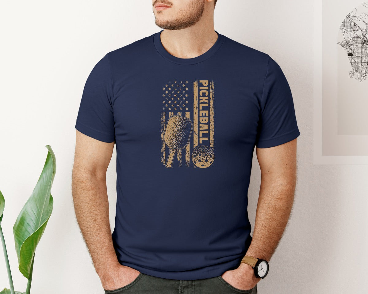 brand:Bella Canvas|color:Navy|Pickleball Us Flag T Shirt Design Graphic T-Shirt