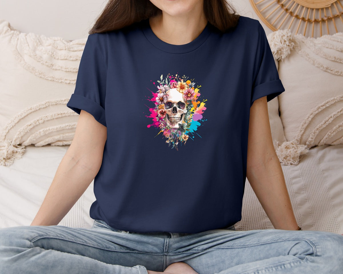brand:Bella Canvas|color:Navy|Floral Skull Watercolor Skull Shirt Graphic T-Shirt