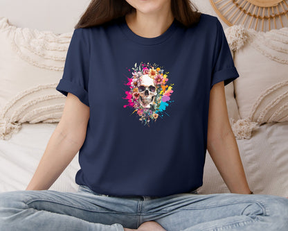 brand:Bella Canvas|color:Navy|Floral Skull Watercolor Skull Shirt Graphic T-Shirt