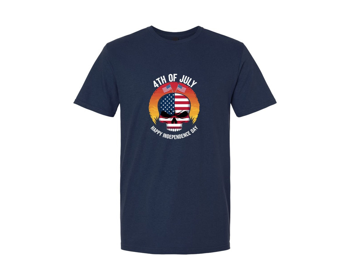 brand:Generic|color:Navy|4Th Of July American Skull Sunset Indepe Graphic T-Shirt
