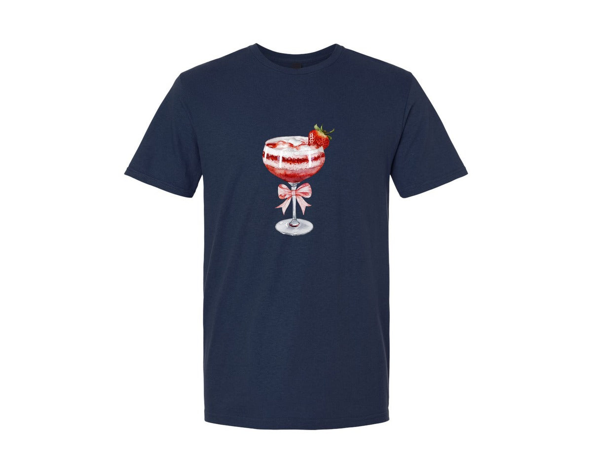 brand:Generic|color:Navy|Coquette Strawberry Daiquiris Pink Bow Graphic T-Shirt